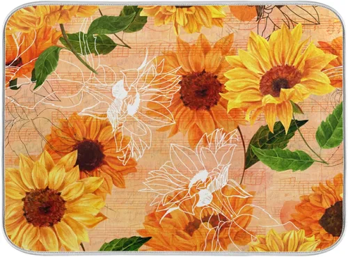 Miniatura 14 de Tapete de secado de platos de flores de fondo negro para encimera de cocina de 18 x 24 pulgadas, tapete de microfibra absorbente, tapete de secado