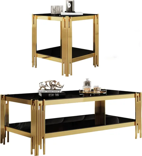 Miniatura 18 de Mesa auxiliar rectangular de vidrio de 48 pulgadas, mesa de centro de 2 niveles con parte superior de vidrio templado negro, patas de acero