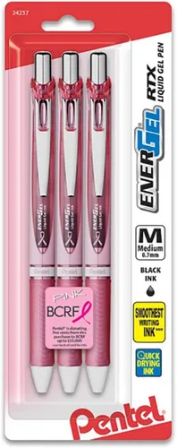 Pentel EnerGel RTX - Bolígrafo retráctil de gel líquido, punta de metal, línea media, barril rosa, tinta negra, paquete de 3