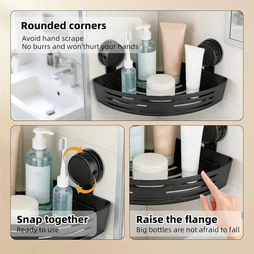 Miniatura 5 de Estante esquinero de ducha con ventosa, estante de almacenamiento de baño sin perforaciones, organizador de esquinas adhesivo con barra de toalla