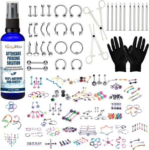 BodyJ4You Kit de perforación corporal de 156 piezas en aerosol salino de cuidado posterior Anillo de vientre para nariz, tabique, tragus, cartílago
