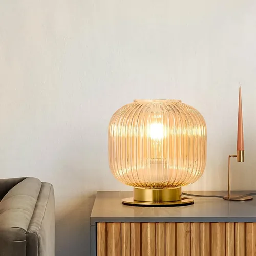 Miniatura 5 de NKU Lámpara de mesa moderna de mediados de siglo con pantalla de vidrio acanalado ámbar y acabado dorado, luz regulable para mesita de noche