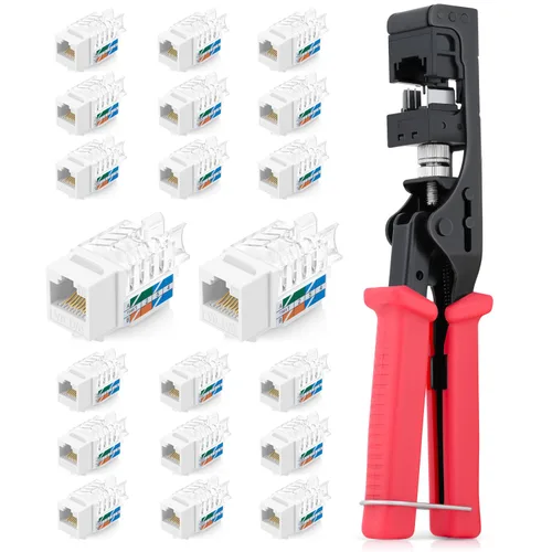 Miniatura 11 de Everest easyJACK - Juego de herramienta Keystone con ángulo de 45° para terminación rápida - con paquete de 20 conectores Keystone RJ45 Cat6 en rojo