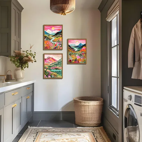 Miniatura 5 de Juego de 3 piezas de arte de pared de montaña colorida boho, pinturas abstractas de paisaje de flores de acuarela, pósters modernos de naturaleza