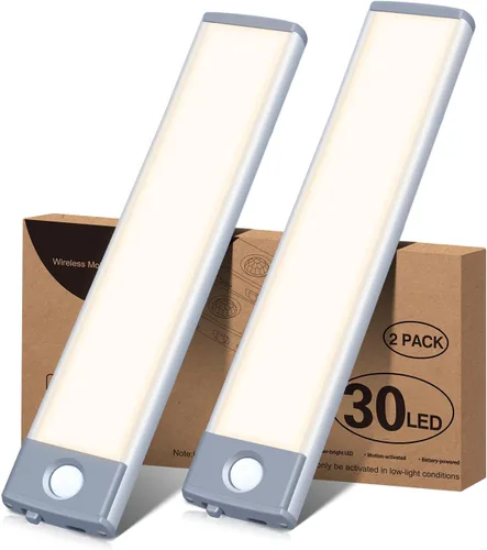 Miniatura 10 de Paquete de 2 lámparas de 30 luces LED con sensor de movimiento, ultradelgadas, inalámbricas y recargables, funcionamiento a batería, para usar Blanco