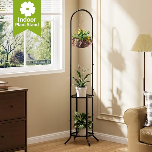 Miniatura 4 de BMOSU Soporte para plantas con ganchos para interiores y exteriores, soporte alto de metal resistente de 3 niveles para plantas, para patio, jardín