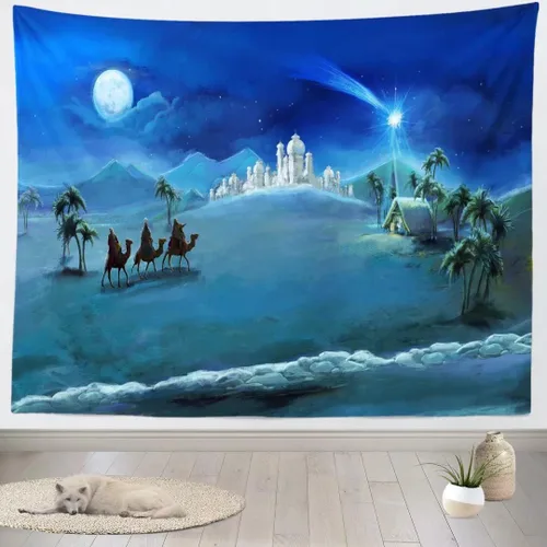 Miniatura 2 de BELECO Tapiz de noche de Navidad para colgar en la pared, tapiz de nacimiento de Jesús, tapiz de desierto, camello del desierto, palacio, castillo