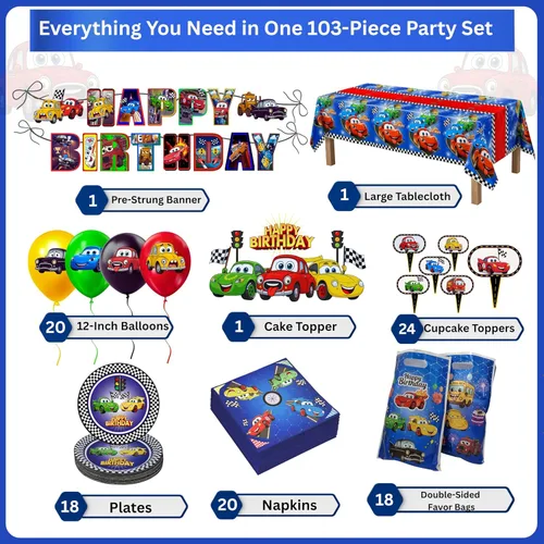 Miniatura 2 de Decoraciones de fiesta de cumpleaños de coches, juego de 103 piezas de suministros de fiesta de autos de carreras para niños y niñas, pancarta