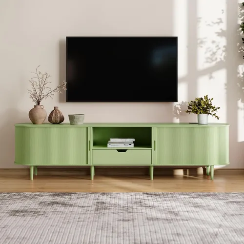 Miniatura 12 de DHH Soporte de TV acanalado de 71 pulgadas con toma de corriente para televisores de hasta 80 pulgadas, consola de TV con estantes ajustables y Negro