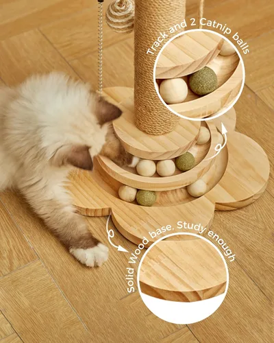 Miniatura 3 de Poste rascador para gatos para gatitos, juguete rascador de madera 4 en 1, poste rascador de 17.7 pulgadas de alto con 2 bolas de pista para gatos
