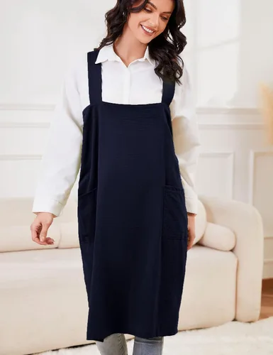 Miniatura 2 de Schine Pinafore de algodón con espalda cruzada para mujer, con bolsillos grandes, prácticos delantales para trabajos de jardinería, cocina, marino