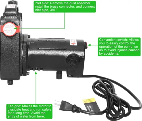 Miniatura 5 de 501B1-U Bomba de transferencia de agua 115V 1/2 HP 1500 GPH Bomba de transferencia de agua de alta presión con filtro de succión y conectores