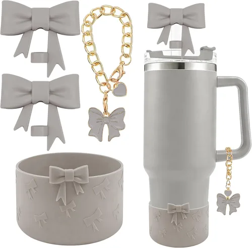 Miniatura 30 de Conjunto de accesorios para taza Hpebl para Stanley, incluye 2 tapas de pajita con moño lindo de 10 mm, tapones reutilizables para pajita, 1 funda