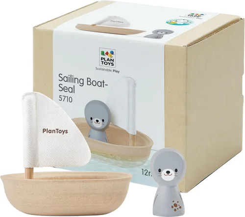 PlanToys® Juguete de barco de vela de madera con sello | Juguete de agua para el baño para juego flotante, imaginación y exploración sensorial suave