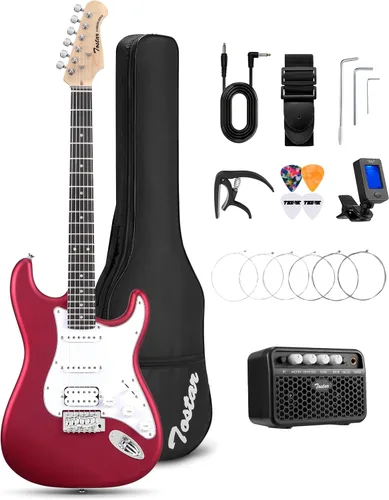 Tostar Kit de guitarra eléctrica con amplificador, 39 pulgadas, tamaño completo, 6 cuerdas, ligero, diseño de cuerpo redondeado, interruptor de