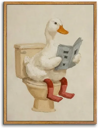 Miniatura 16 de AtterrirArt Divertido arte de pared enmarcado para baño, 8 x 10 pulgadas, lindo pato en el inodoro, lectura de periódico, decoración de pared