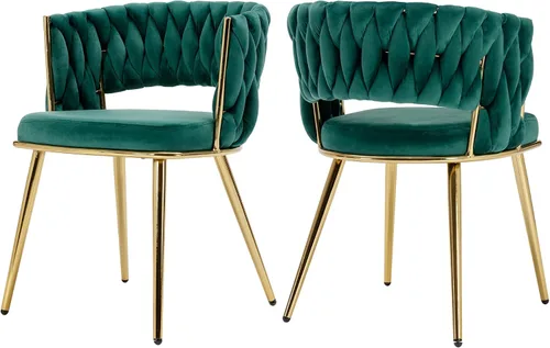 Miniatura 28 de Juego de 2 sillas de comedor tejidas, modernas sillas de comedor tejidas a mano con patas de metal negro, sillas tapizadas con marco negro