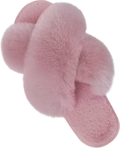 Parlovable Women's Cross Band Slippers Fuzzy Soft House Slippers Plush Furry Warm Cozy Open Toe Fluffy Home Shoes Comfy Indoor Outdoor Slip On