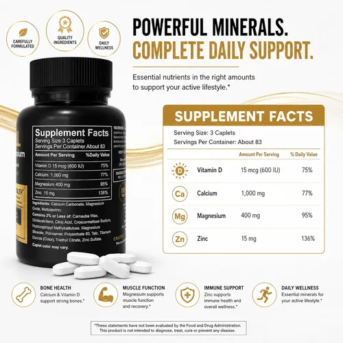 Miniatura 3 de LUAL Calcio, magnesio y zinc con vitamina D3 – Suplemento de apoyo óseo y muscular para adultos, 1000 mg de calcio, 400 mg de magnesio, 15 mg