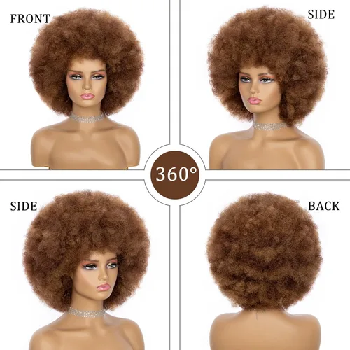 Miniatura 2 de Peluca Afro para Mujeres - Mezcla Marrón Pelucas Afro de los 70s de Aspecto Natural Enormes Pelucas Afro Kinky Rizadas con Flequillo Peluca Afro