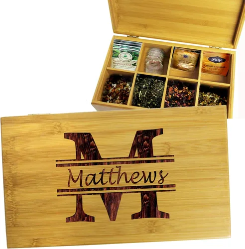 Miniatura 5 de My Personal Memories Caja de té de madera personalizada, organizador de almacenamiento y soporte para bolsa de té, regalo grabado para inauguración