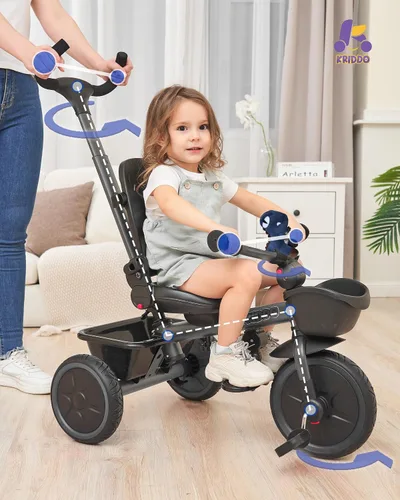 Miniatura 3 de KRIDDO Carrito de triciclo 7 en 1 para niños pequeños de 18 meses a 5 años, mango de empuje ajustable, asiento giratorio, portavasos y toldo