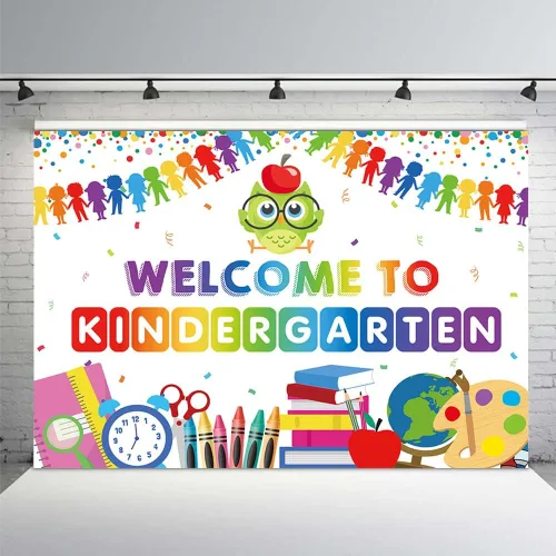 MEHOFOND Fondo de bienvenida a jardín de infantes de 7 x 5 pies, banderas coloridas de búho para el regreso a clases, decoración de fiesta para el