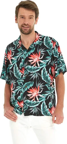 Miniatura 4 de Camisa hawaiana Luau o vestido cruzado con volantes para pareja a juego en color negro lirio floreciente