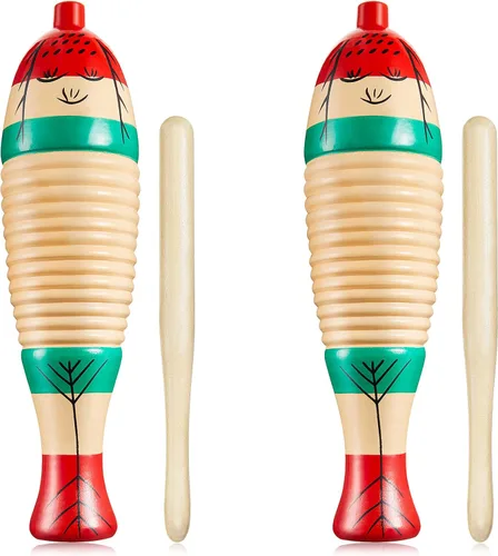 2 piezas de instrumento de guiro de rana de madera en forma de pez colorido, instrumento de percusión musical latino para adultos con palos de ritmo