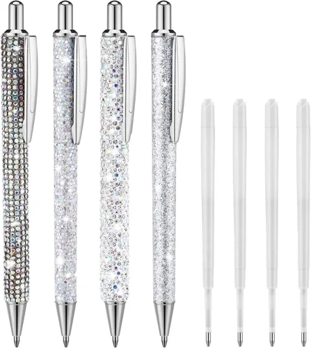 Miniatura 14 de Ireer 4 bolígrafos brillantes de diamantes de imitación para mujer, bolígrafo de tinta de metal con purpurina de cristal con 4 recambios de 0.039