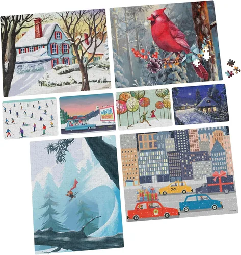 Miniatura 7 de Paquete de rompecabezas de 24 piezas, paisaje de ilustración de nieve de invierno navideño, 1000, 500, 300, 100, 48, 24 piezas, para niños y adultos