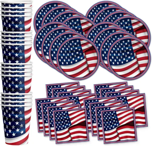 Platos de papel del 4 de julio, juegos de platos desechables del 4 de julio, suministros para fiestas patrióticas de bandera estadounidense, platos,