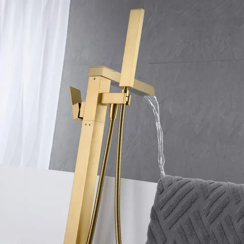 Miniatura 4 de Wowkk Grifo de Bañera Independiente Dorado Cepillado Cascada Llenador de Bañera Montaje en Piso Latón Mango Único Grifos de Baño con Ducha de Mano