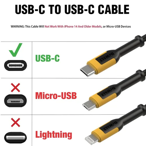 Miniatura 2 de DEWALT Cable USB C de Alta Resistencia, Cable USB C de 60 Vatios para Sitio de Trabajo, Cable de Alta Velocidad de Tipo C a Tipo C, Carga Rápida PD
