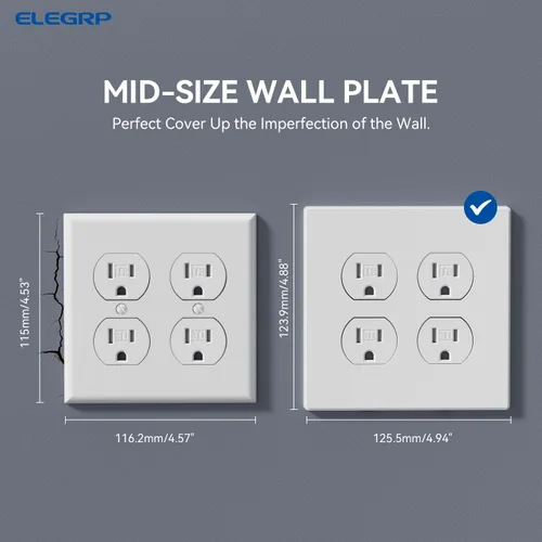 Miniatura 4 de ELEGRP Placas de pared dúplex sin tornillos de 2 segmentos, cubierta frontal termoplástica irrompible de tamaño mediano para toma de corriente Mate