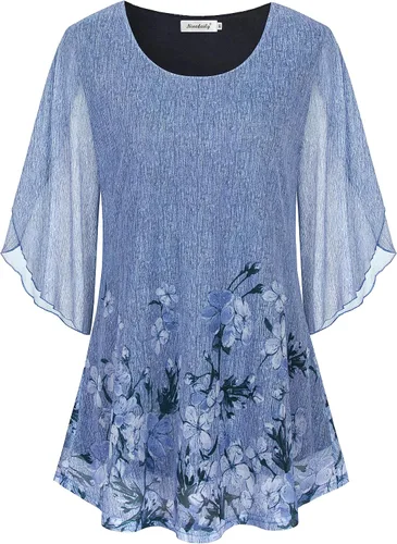 Miniatura 3 de Ninedaily Blusas de manga 34 para mujer, estilo casual, de doble capa, de malla, tipo túnica