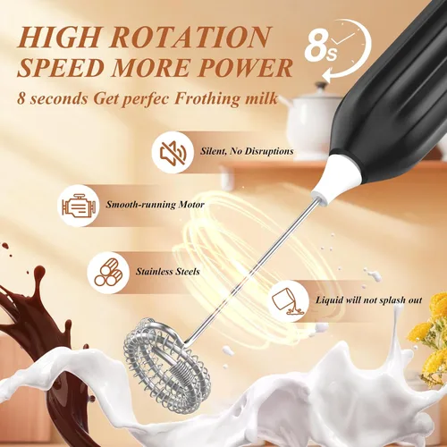 Miniatura 2 de Espumador de leche potente recargable de mano con 2 cabezales inoxidables, 3 velocidades, mezclador de bebidas, batidor eléctrico para café, lattes
