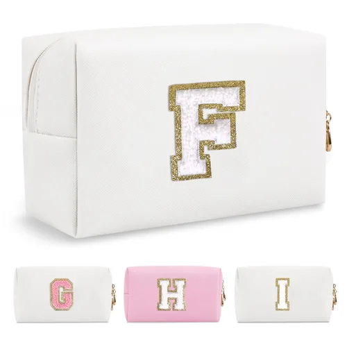 Miniatura 251 de Pequeña bolsa de maquillaje personalizada con inicial A-Z Preppy Patch, bolsa de cosméticos de viaje de felpilla blanca con cremallera, bonita bolsa