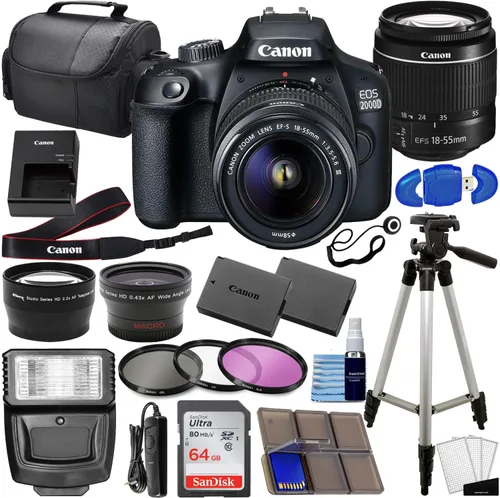 Canon EOS 2000D (Rebel T7) DSLR con lente de 18-55 mm, kit de 3 lentes incluido con tarjeta de memoria de 64 GB, batería extra, kit de filtros de 3