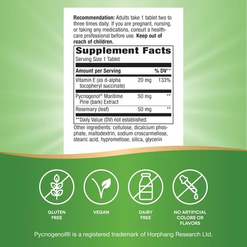 Miniatura 5 de Nature's Way Pycnogenol Premium Blend, promueve la circulación saludable*, soporte antioxidante*, 50 mg por porción, 30 tabletas veganas