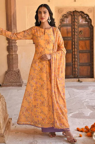 Miniatura 3 de Janasya Kurta de mujer india con estampado floral de Georgette amarillo con palazzo acampanado y dupatta