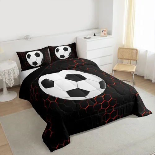 Miniatura 3 de Juego de edredón de panal negro y rojo para adolescentes, jóvenes y adultos, juego de ropa de cama de fútbol y fútbol, juegos de edredón hexagonales