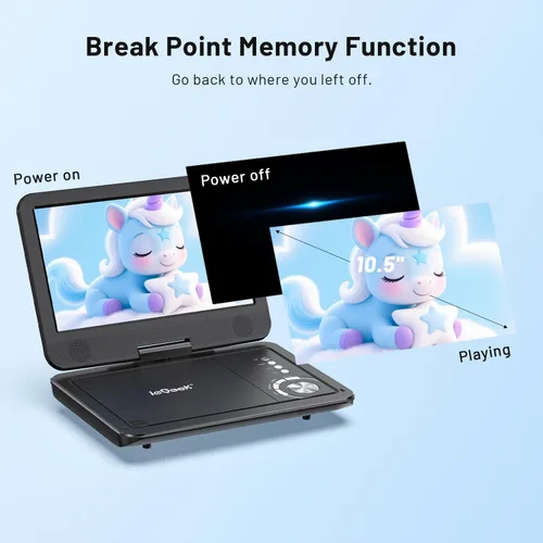 Miniatura 4 de ieGeek Reproductor de DVD portátil de 12.5", con pantalla giratoria HD de 10.5", reproductores de DVD para viajes en coche, batería recargable de 5