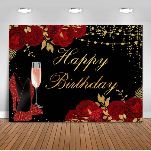 Miniatura 7 de Mocsicka Telón de fondo rosa negro con purpurina para mujer, de tacón alto, para decoración de cumpleaños de niñas, decoración de fiesta de feliz