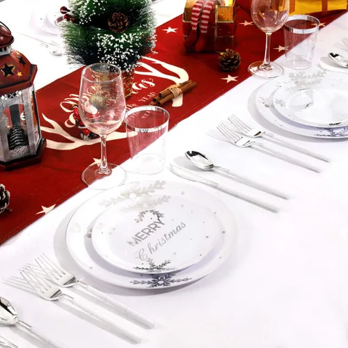 Miniatura 6 de WDF 50 platos de plástico plateado de Navidad, platos de plástico con copos de nieve, platos desechables blancos y plateados pesados para Navidad