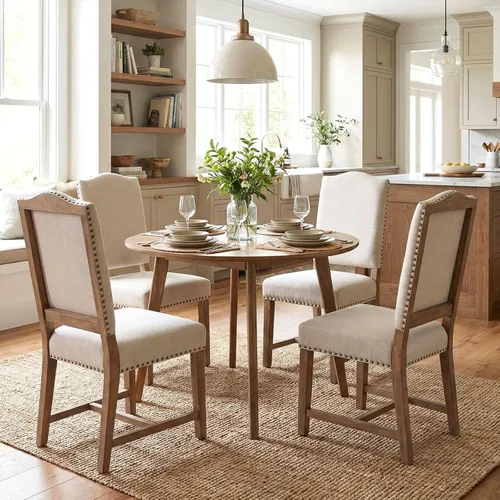 Miniatura 11 de ROCITY Juego de 2 sillas de comedor de lino tapizadas color beige, sillas laterales de cocina con patas de madera y ribete de cabeza de clavo
