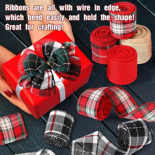 Miniatura 6 de 6 rollos de cintas navideñas con alambre de 32 yardas, cinta multicolor de búfalo a cuadros, cinta de arpillera con borde con alambre, cinta