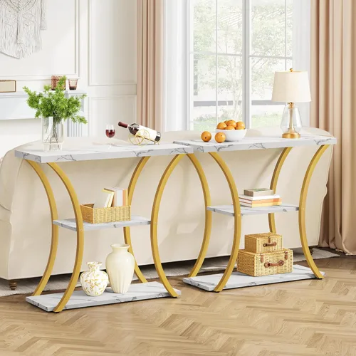 Miniatura 6 de Hoctieon - Mesa de recibidor de 3 niveles con estantes de madera abiertos, mesa decorativa para entrada con marcos curvos de metal, mesa de sofá