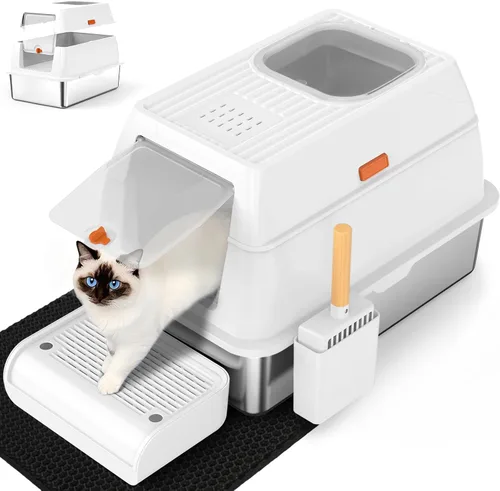 Miniatura 10 de SZEE Caja de Arena de Acero Inoxidable, Caja de Arena para Gatos de Metal Cerrada XL con Salida Superior con Tapa y Recinto, Control de Olores
