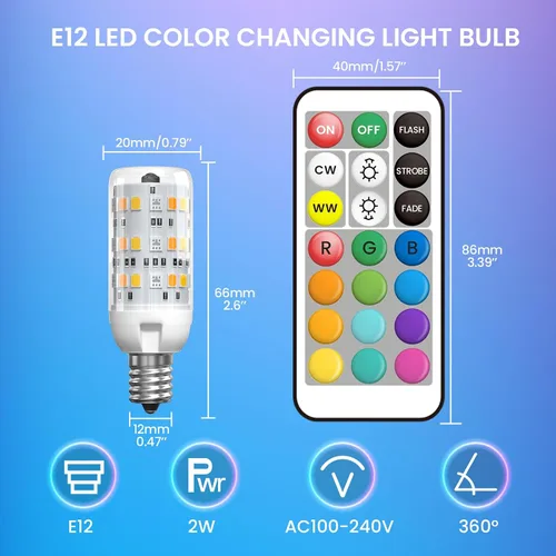 Miniatura 2 de Bombilla LED E12 que cambia de color con control remoto 2 W E12 bombilla multicolor RGB/3000K/6000K/Base de candelabro regulable Bombillas de luz